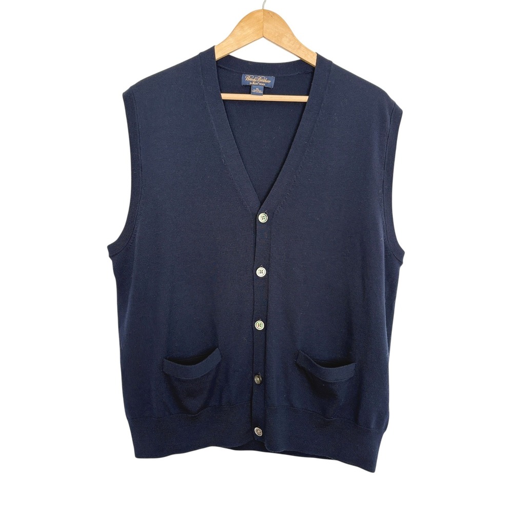 Brooks Brothers Saxxon Wool V Neck Button Front Sleeveless Vest Sweater Navy XL